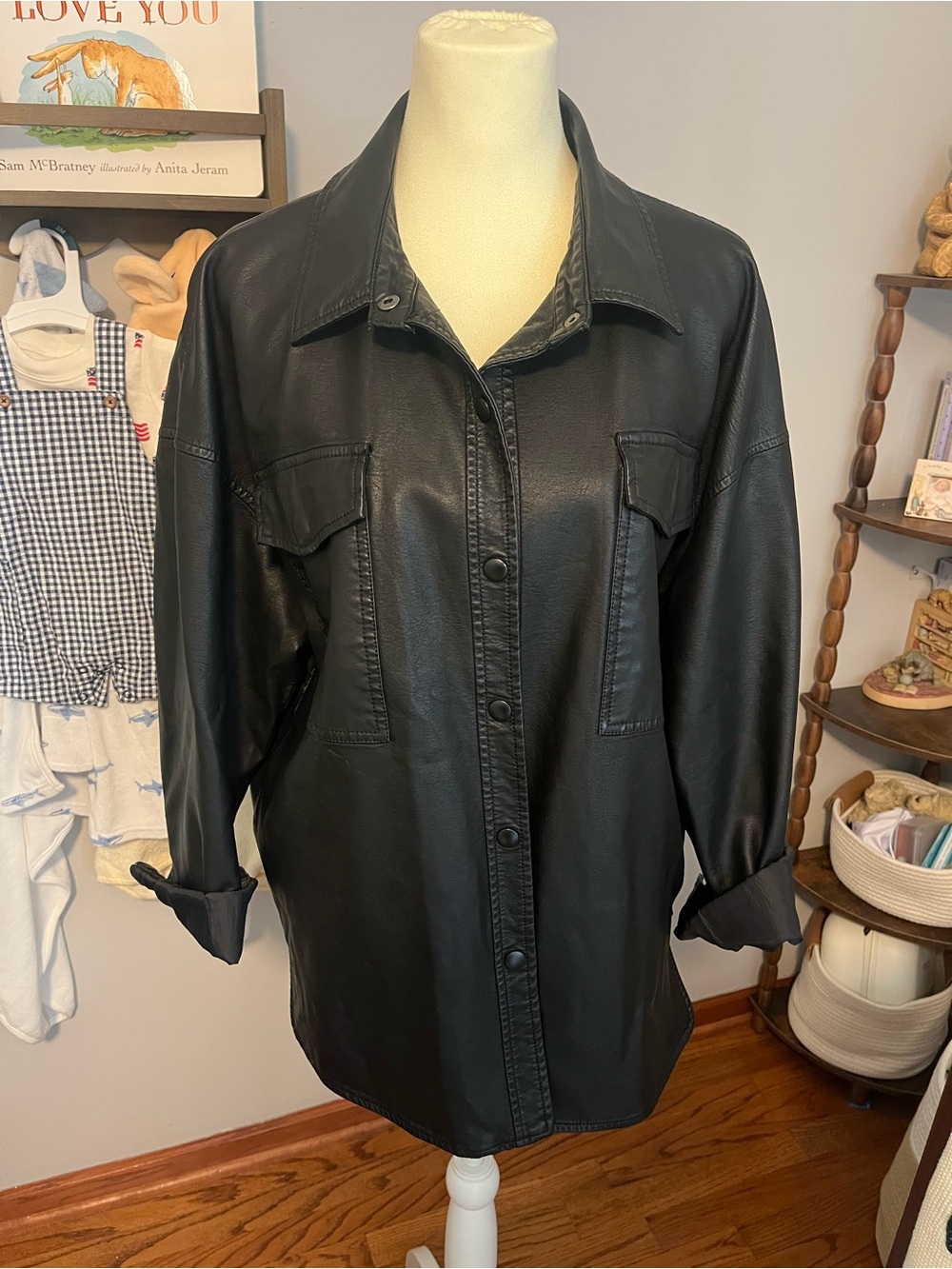 LA Coalition Black leather button up shacket with pockets Size XL #biker